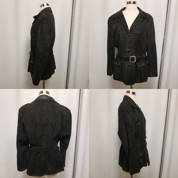 Vintage 50s Rancher Boho Buckskin Black Suede Leather Belted Button Down Coat Md - Picture 3 of 8